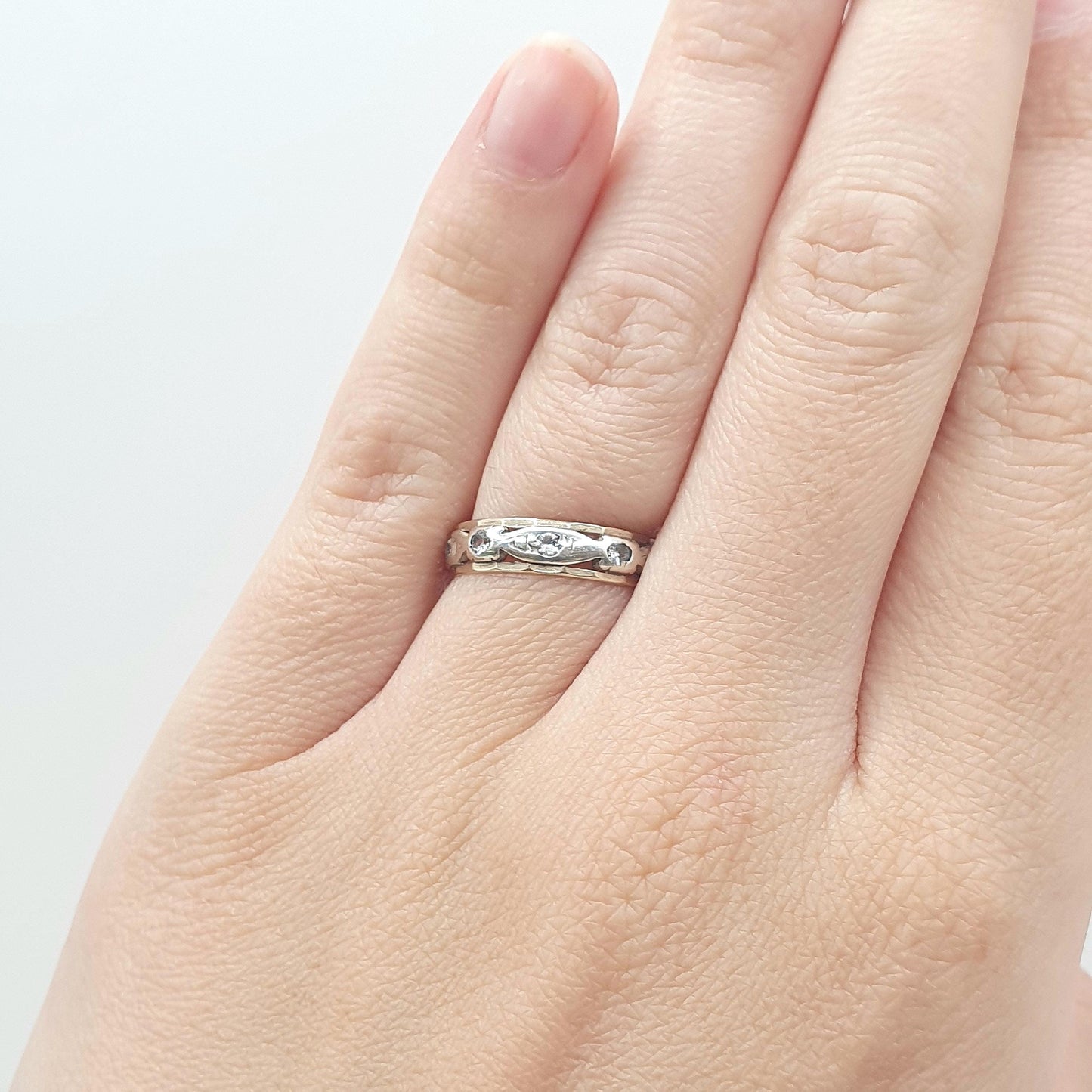 Antique Art Deco 9ct Gold & Solid Silver Eternity Ring White Spinel Womens Jewelry Jewellery UK K.5 US 5.5