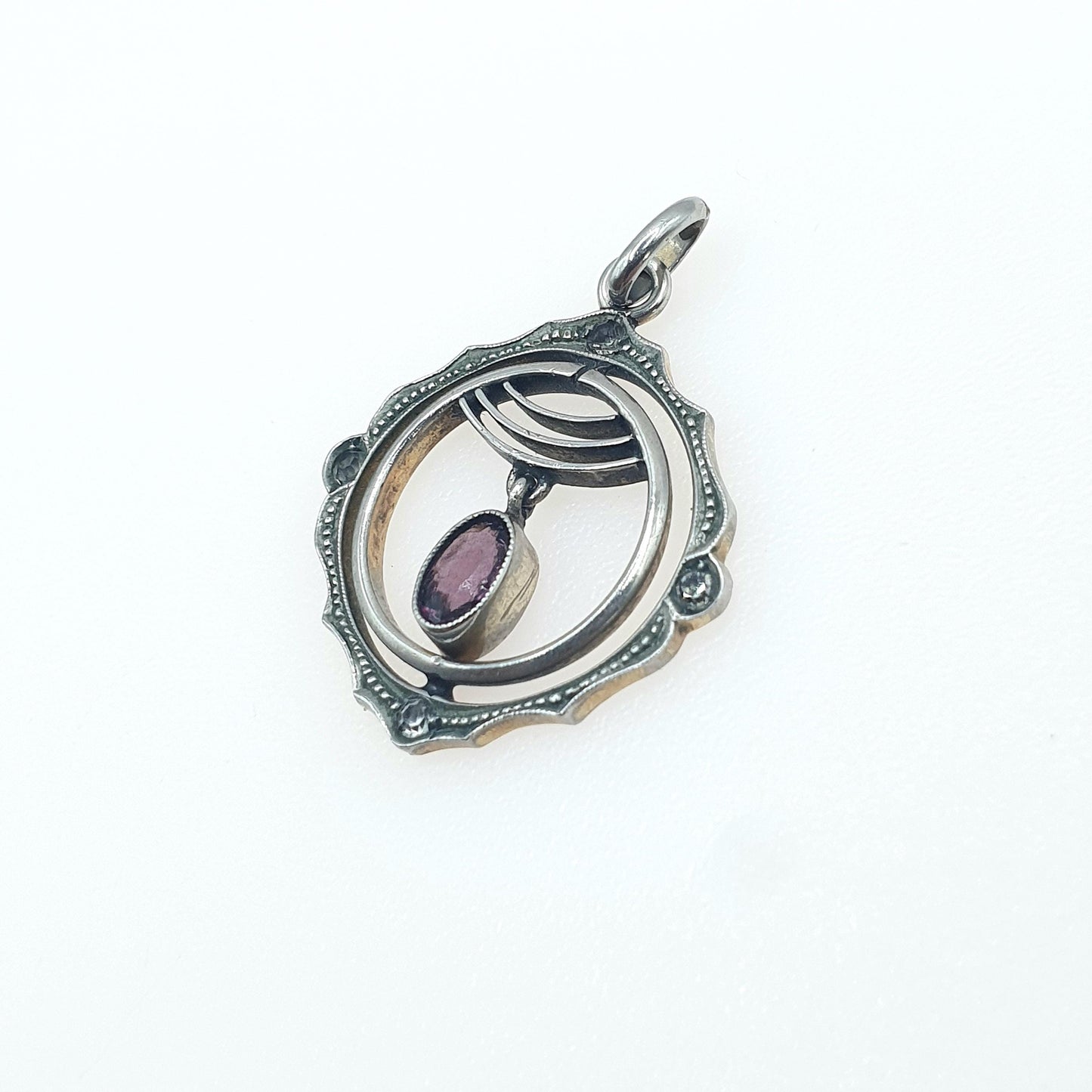 Antique Amethyst & Diamond Paste Edwardian Pendant Silver Tone Base Metal Openwork Pastes Vintage Womens Jewellery Jewelry