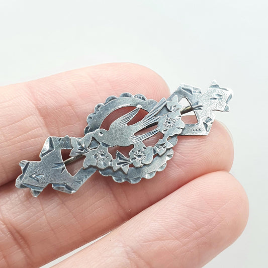 Antique Sterling Silver Bird Brooch Sweetheart Pin WW1 1918 Hallmark Gift Songbird Swallow Cute Jewelry Jewellery Womens Mens