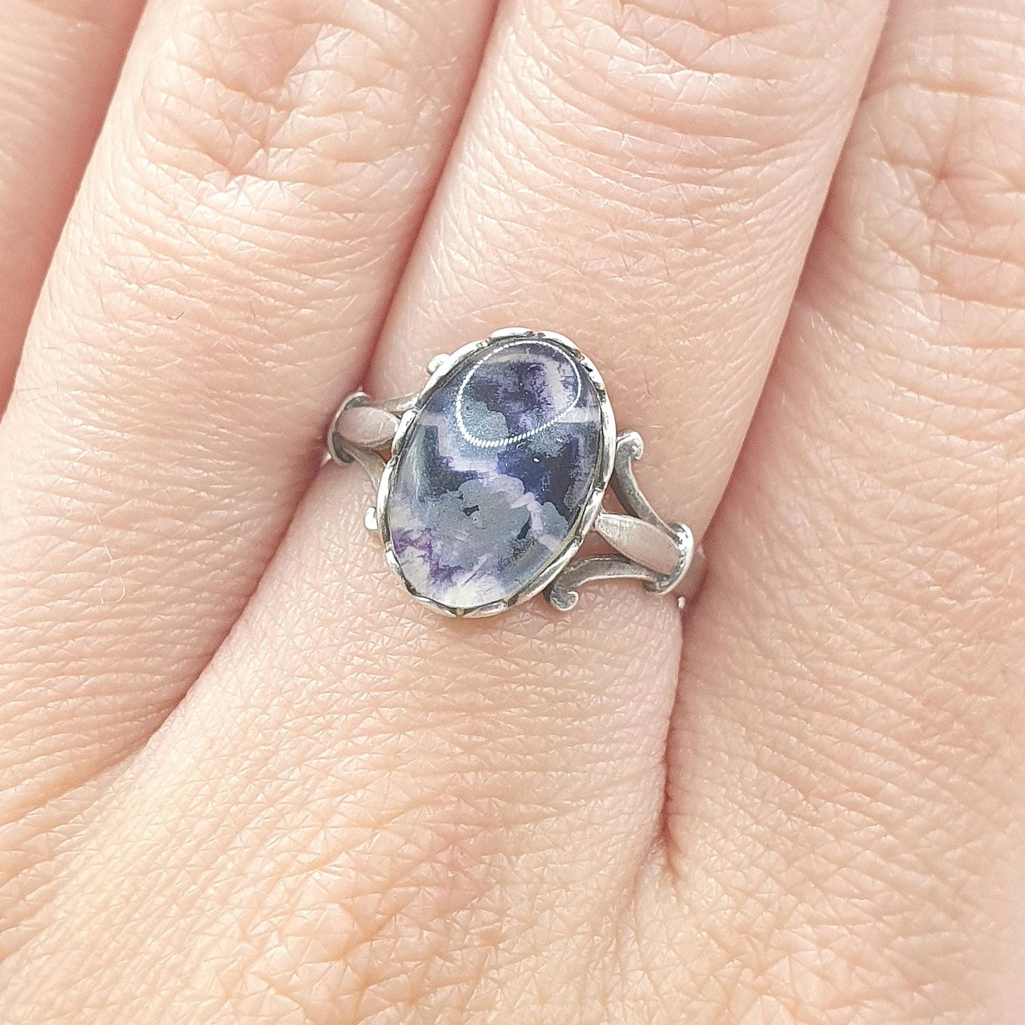 Vintage Sterling Silver Blue John Doublet Ring Oval Signet Womens Ladies Retro Oval Rare Gemstone Jewelry Jewellery UK O.5 US 7.5