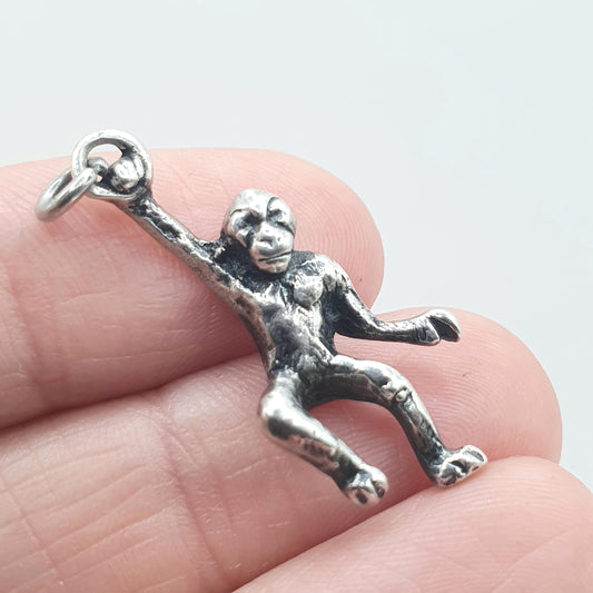 Antique Solid Silver Monkey Charm Pendant Hanging Chimp Victorian Ape Animal Cute Womens Jewelry Vintage Jewellery