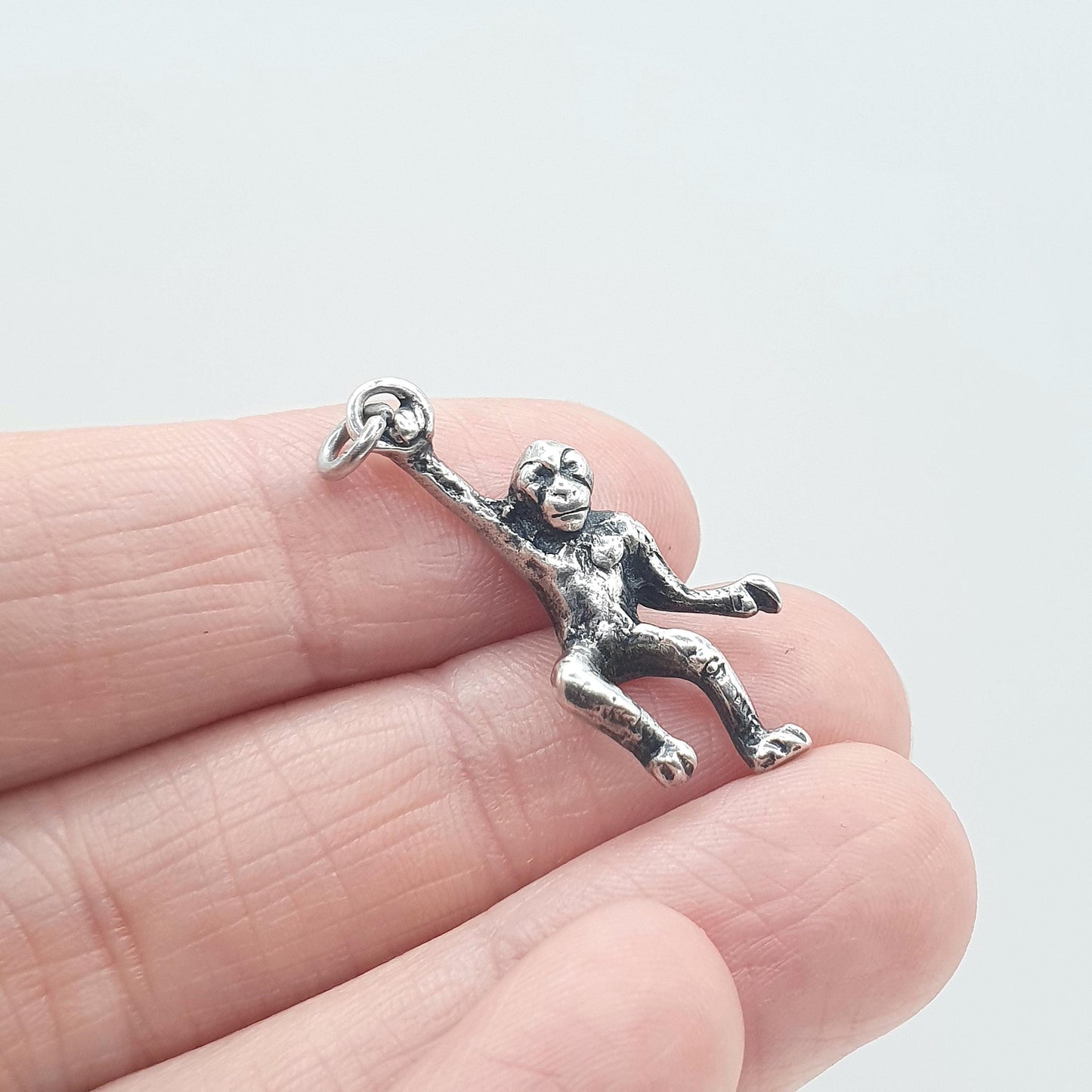 Antique Solid Silver Monkey Charm Pendant Hanging Chimp Victorian Ape Animal Cute Womens Jewelry Vintage Jewellery
