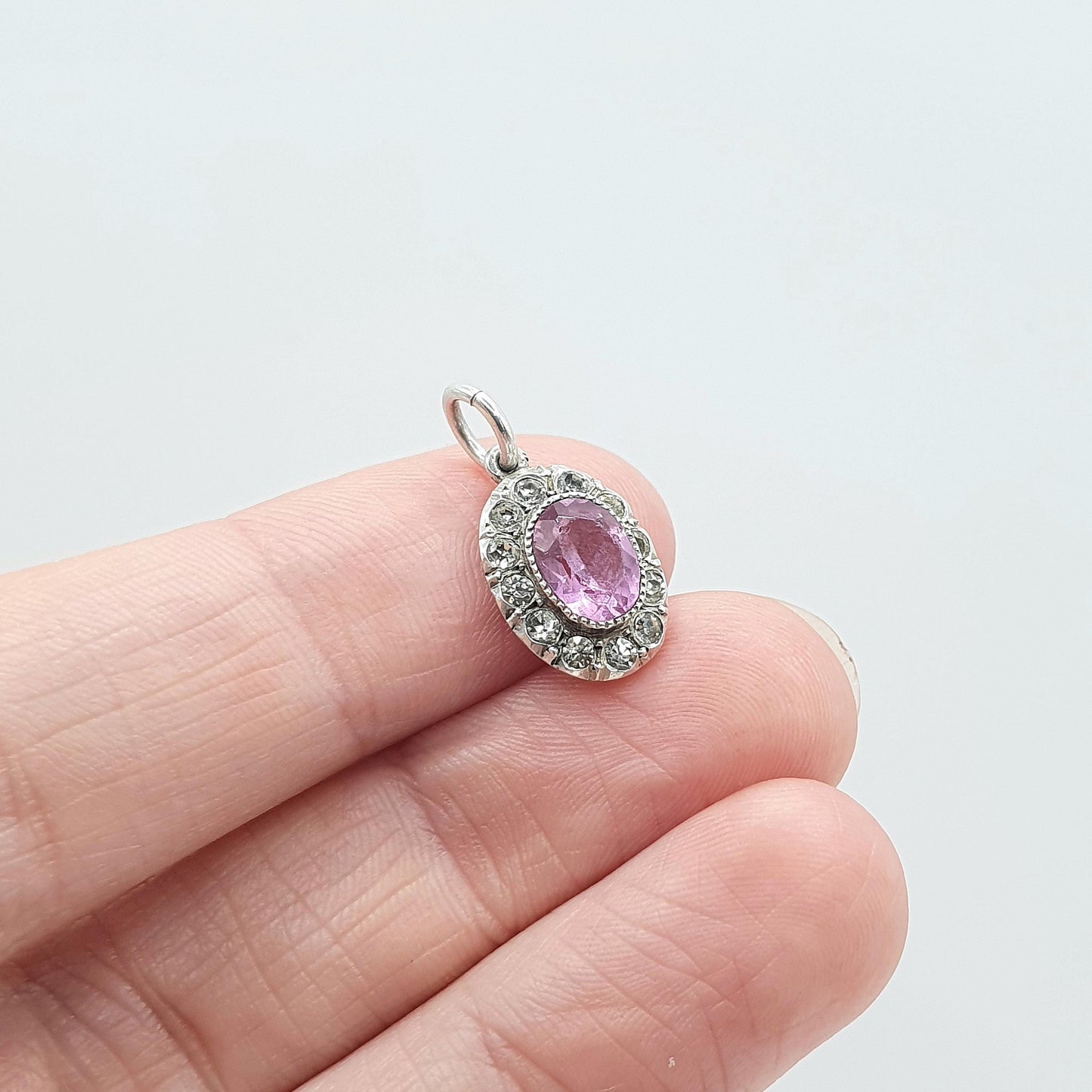 Antique Victorian Solid Silver Pink & Diamond Paste Pendant Halo Cluster Small Oval Vintage Necklace Jewellery Jewelry