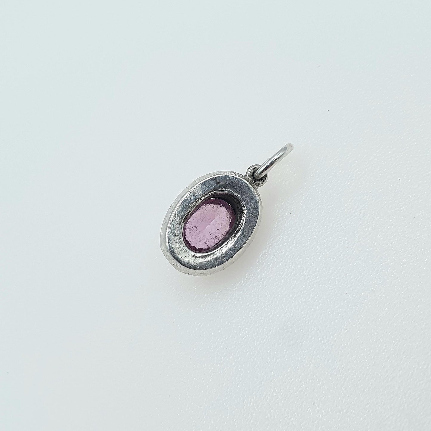 Antique Victorian Solid Silver Pink & Diamond Paste Pendant Halo Cluster Small Oval Vintage Necklace Jewellery Jewelry