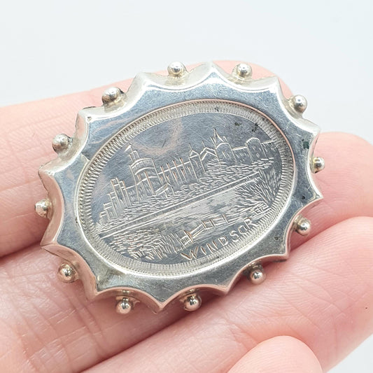 Antique Victorian Solid Silver Windsor Castle Brooch Great British Royal Tourist Engraved 1800s Vintage Jewelry Jewellery