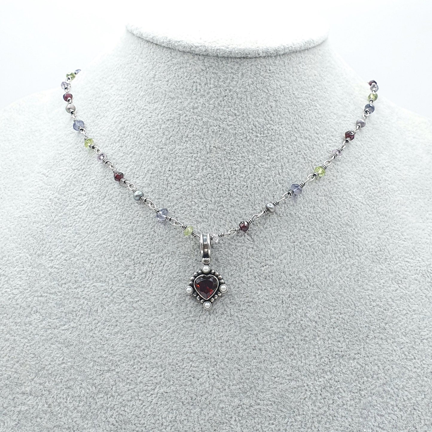Vintage Sterling Silver Garnet Pendant Peridot Amethyst Bead Necklace Bohemian Multi Gemstone Jewelry Jewellery
