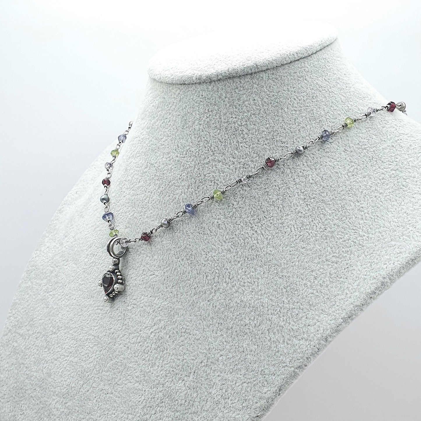 Vintage Sterling Silver Garnet Pendant Peridot Amethyst Bead Necklace Bohemian Multi Gemstone Jewelry Jewellery
