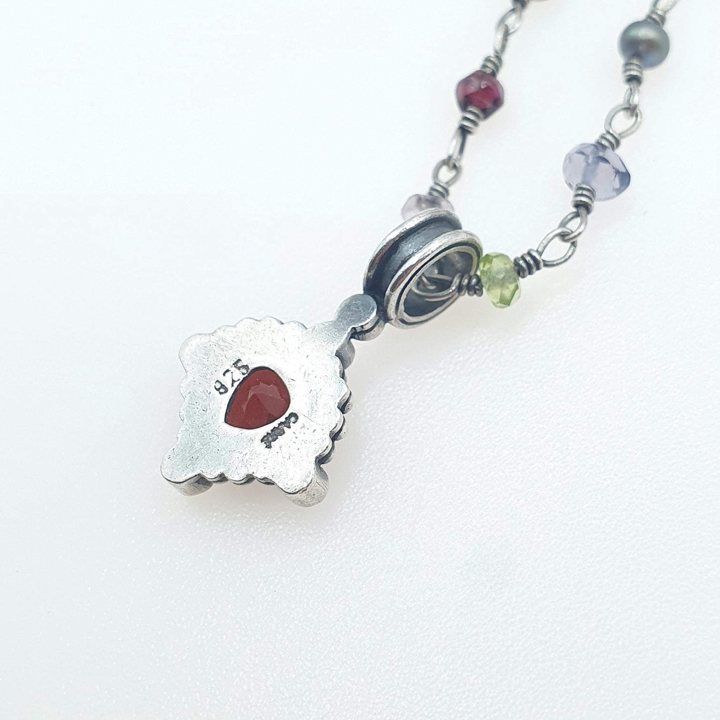 Vintage Sterling Silver Garnet Pendant Peridot Amethyst Bead Necklace Bohemian Multi Gemstone Jewelry Jewellery