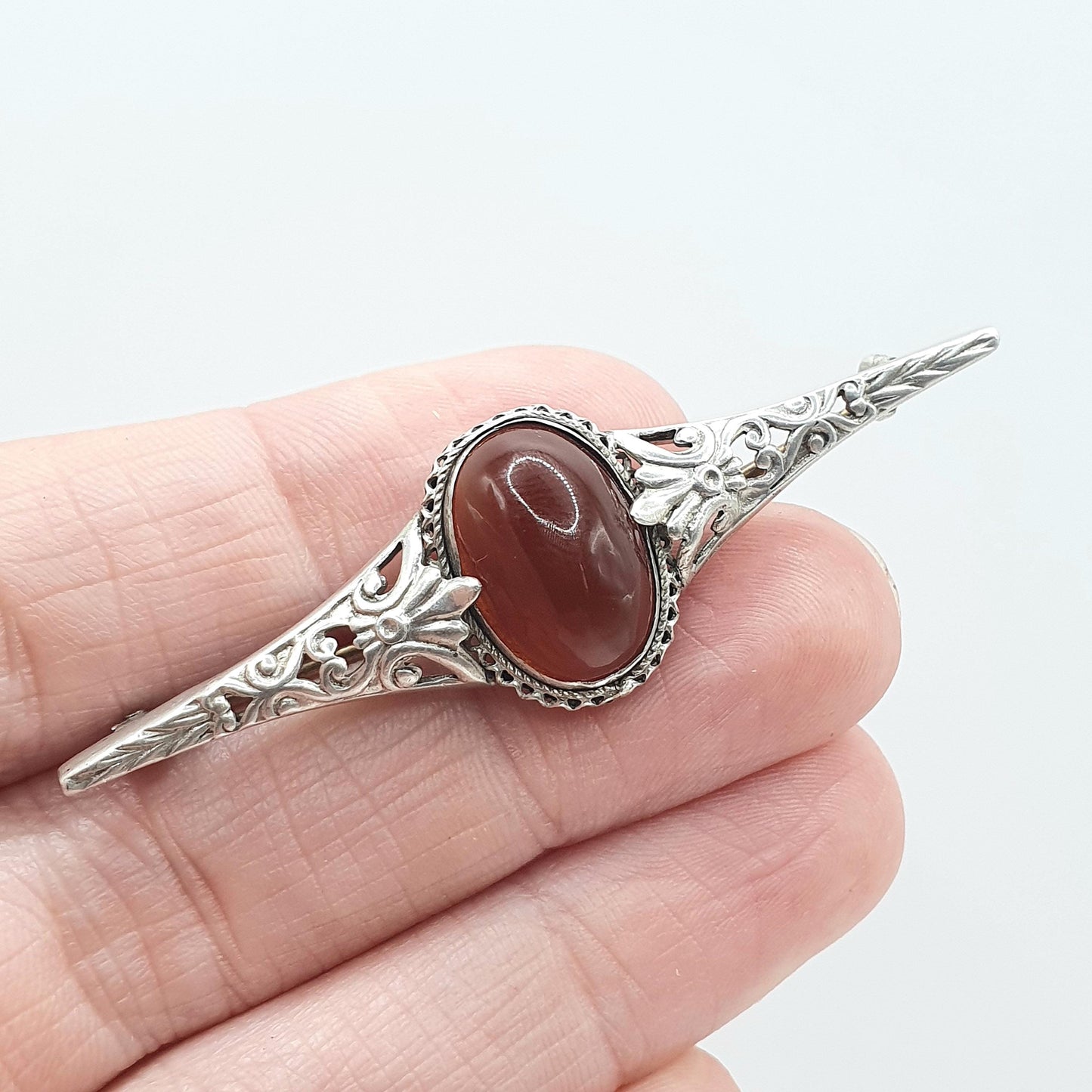 Antique Solid Silver Natural Carnelian Brooch Orange Arts and Crafts Handmade Quartz Gemstone Vintage Jewelry Jewellery