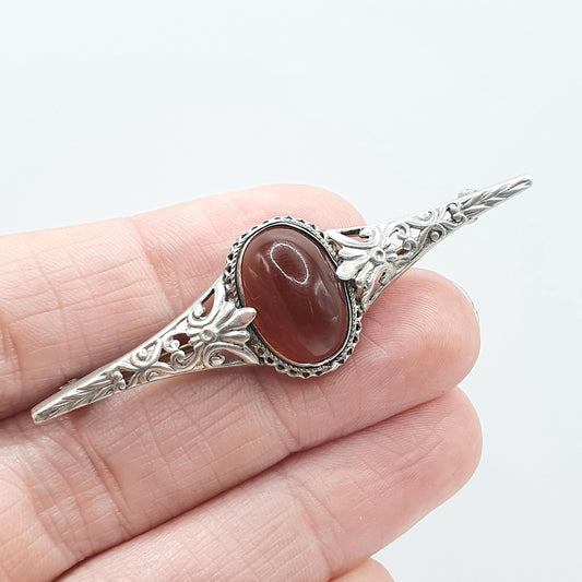 Antique Solid Silver Natural Carnelian Brooch Orange Arts and Crafts Handmade Quartz Gemstone Vintage Jewelry Jewellery
