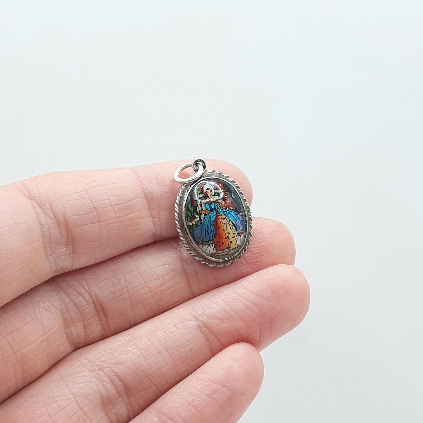 Antique Sterling Silver Butterfly Wing Pendant Painted with Lady TLM Art Deco Necklace Insect Vintage Jewellery Jewelry