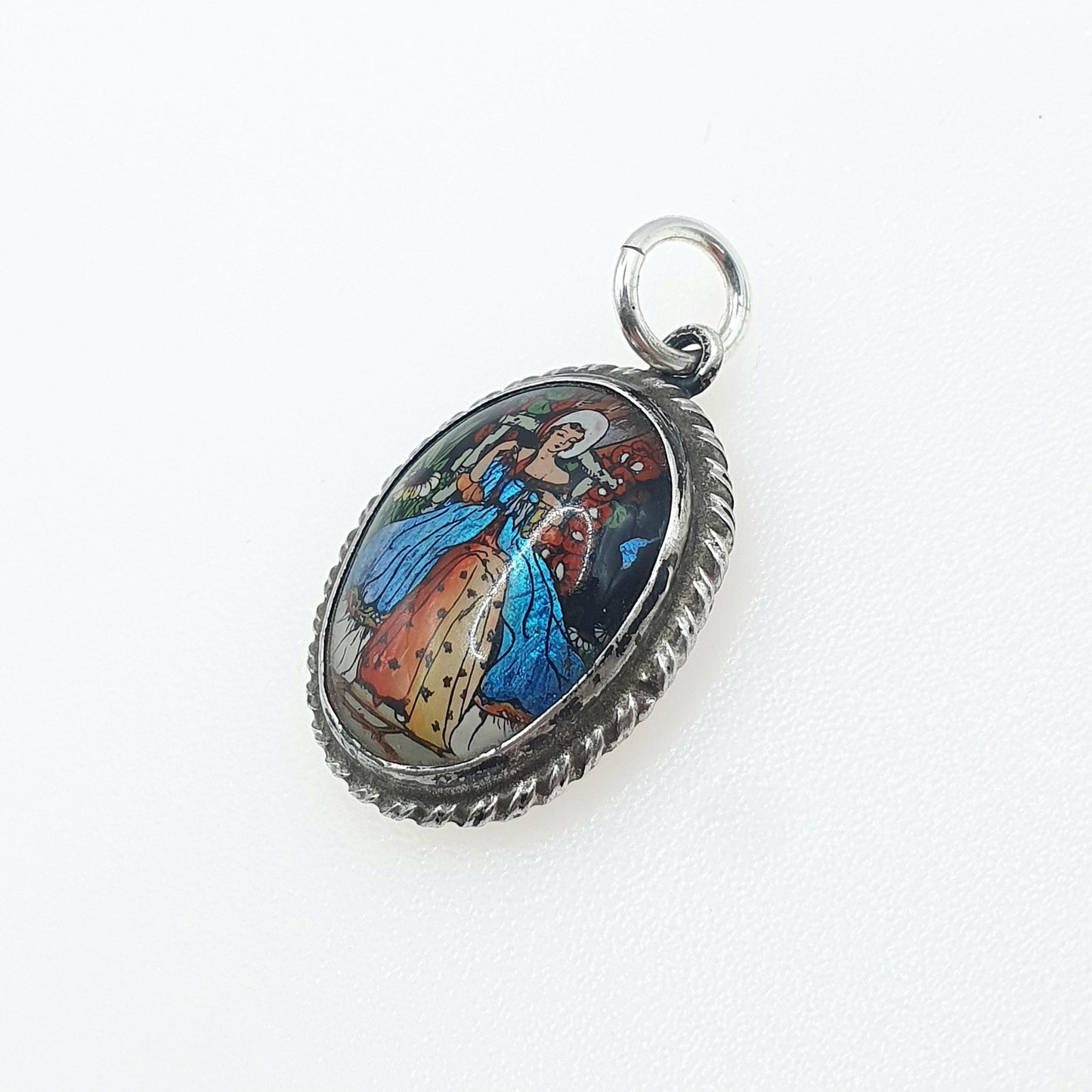 Antique Sterling Silver Butterfly Wing Pendant Painted with Lady TLM Art Deco Necklace Insect Vintage Jewellery Jewelry