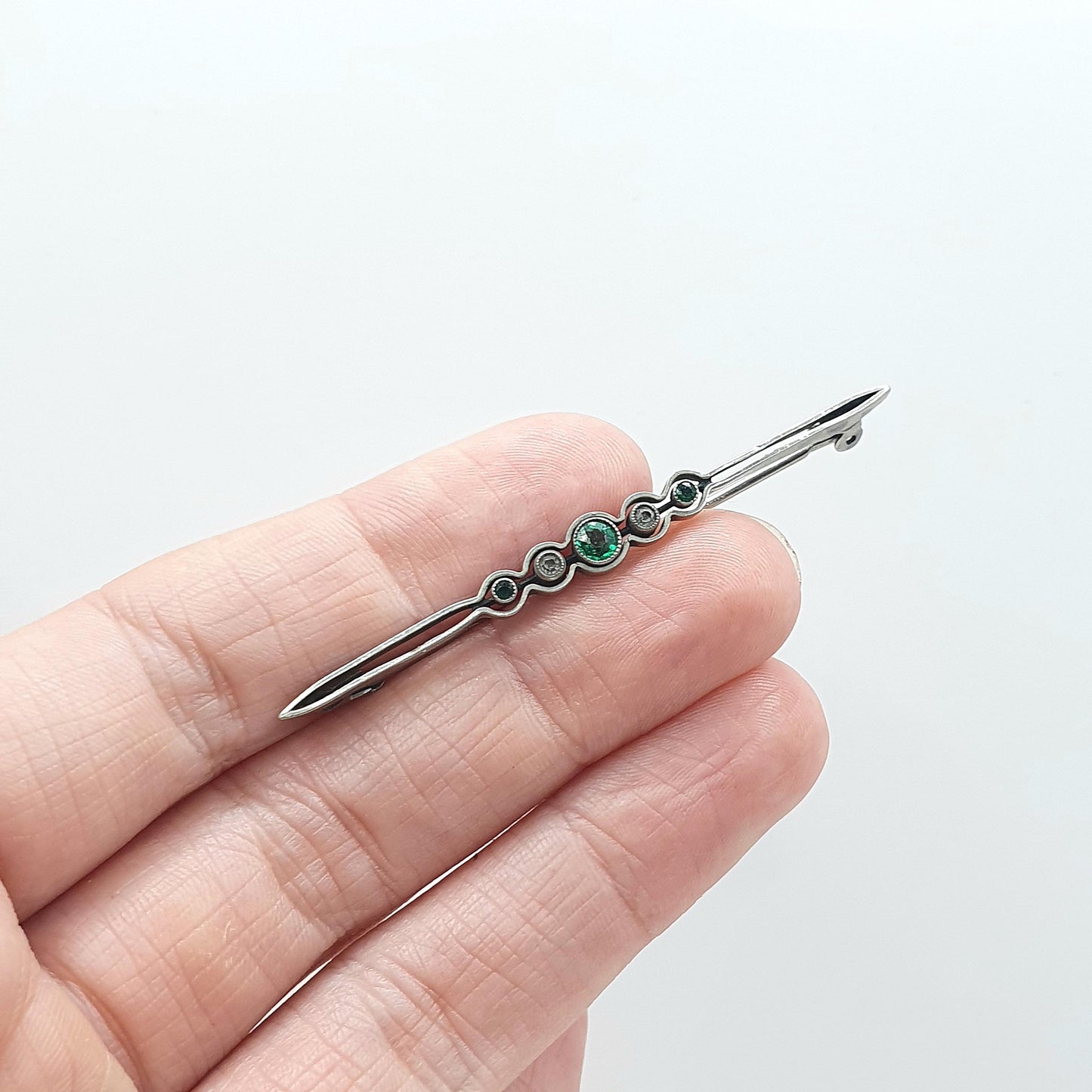 Antique Art Deco Emerald & Diamond Paste Brooch Silver Tone Base Metal Womens Jewelry Jewellery Mens Green Unisex