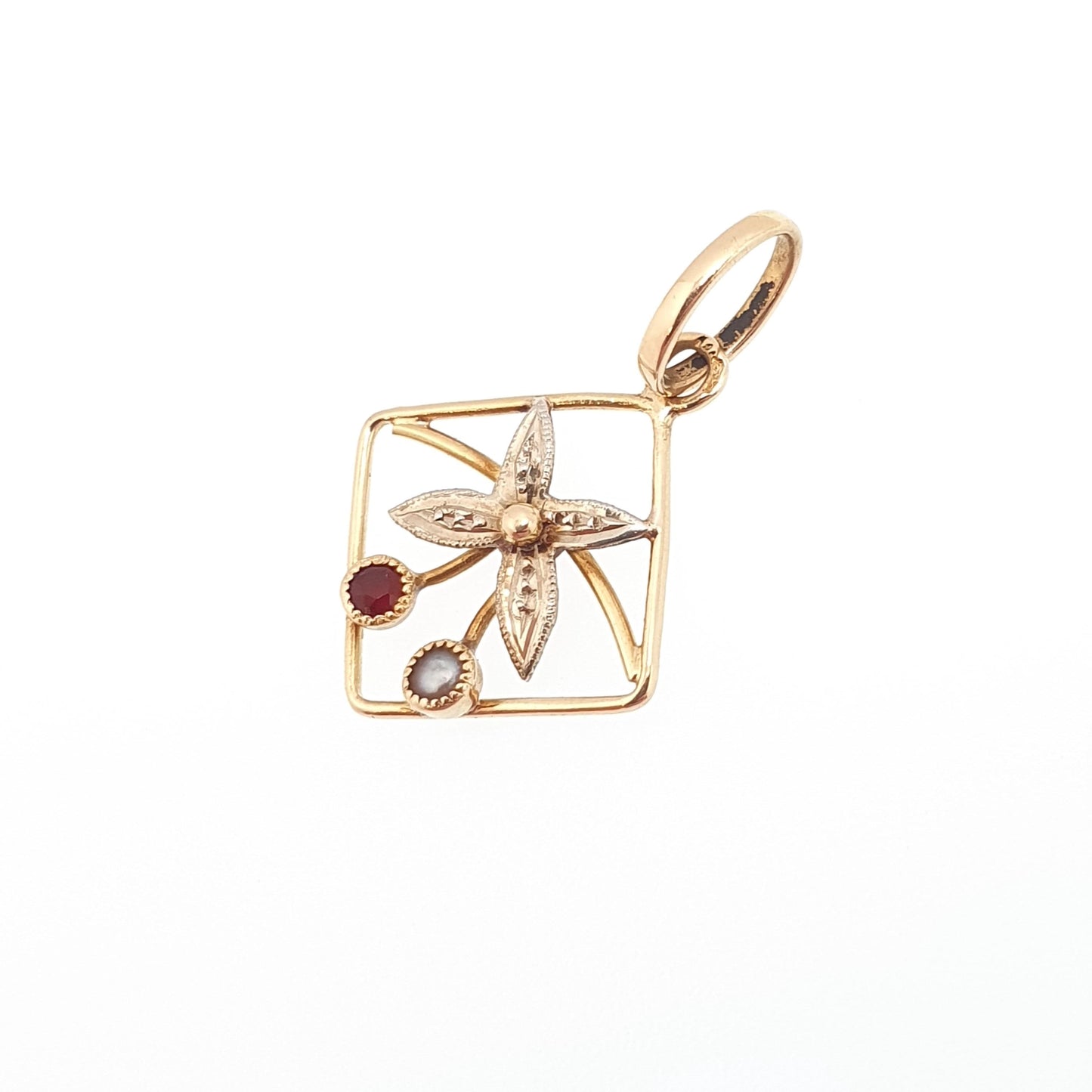 Antique 18ct Gold Garnet Pearl Pendant Square Necklace French Art Deco 18k 18kt
