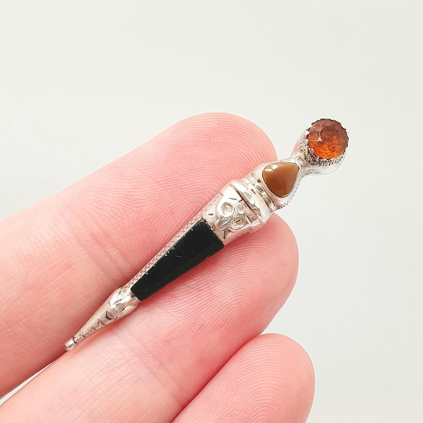 CHARLES HORNER Old Vintage Sterling Silver Dirk Pin Brooch Agate and Citrine Paste Scottish Scotland Kilt Cairngorm Jewelry Jewellery