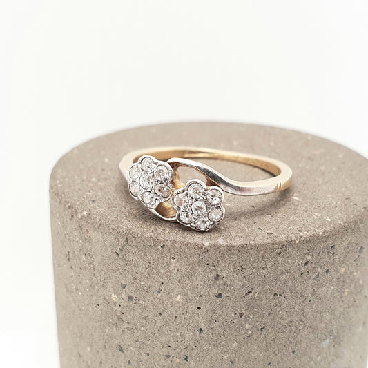 Antique 18k 18ct Gold Diamond Ring Flower Cluster Crossover Art Deco Solid 750 18kt Wedding Womens Engagement Vintage