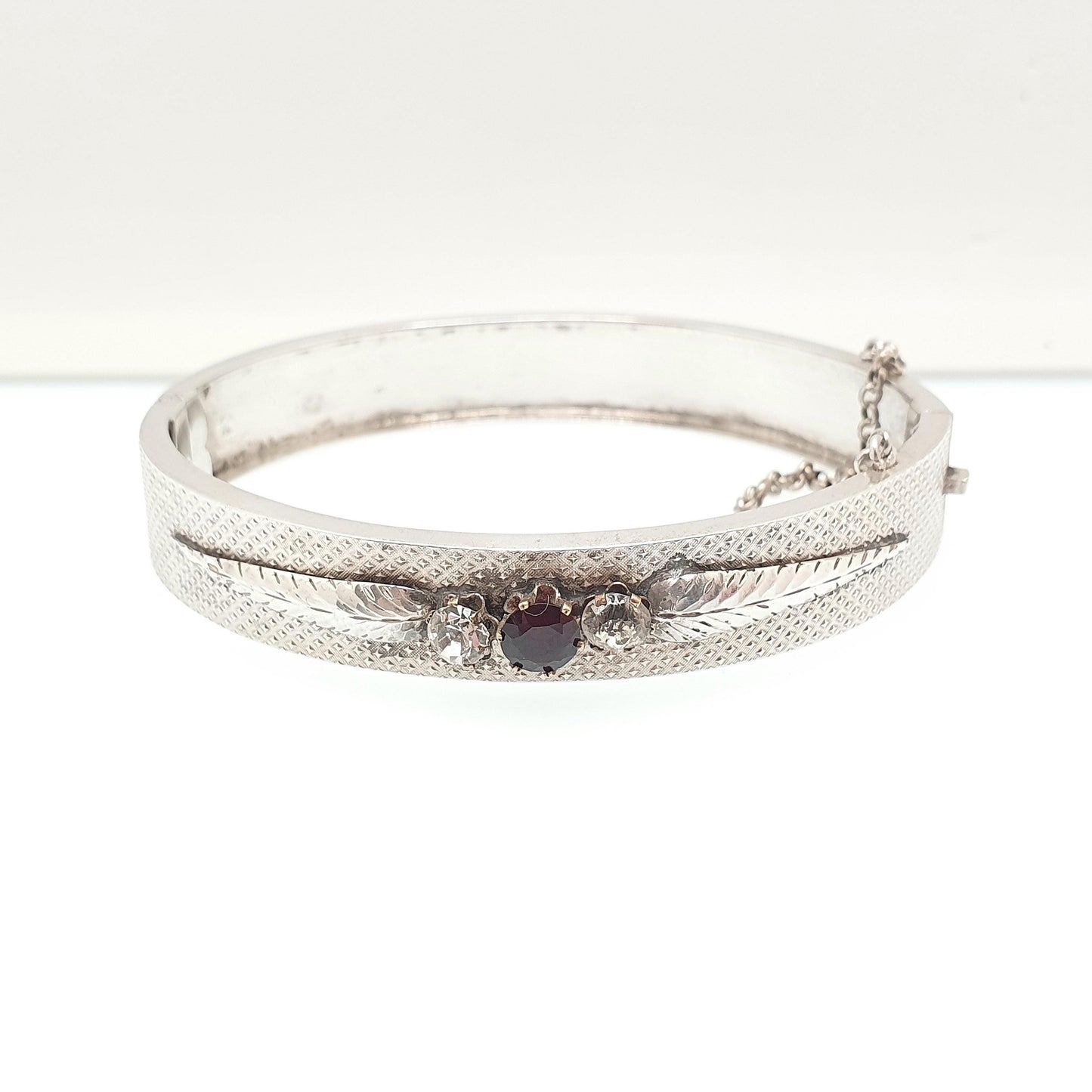 Antique Victorian Solid Silver Garnet & Paste Snap Bangle Bracelet Dimpled Effect 800 Stamp 14.46g Vintage Womens Jewelry