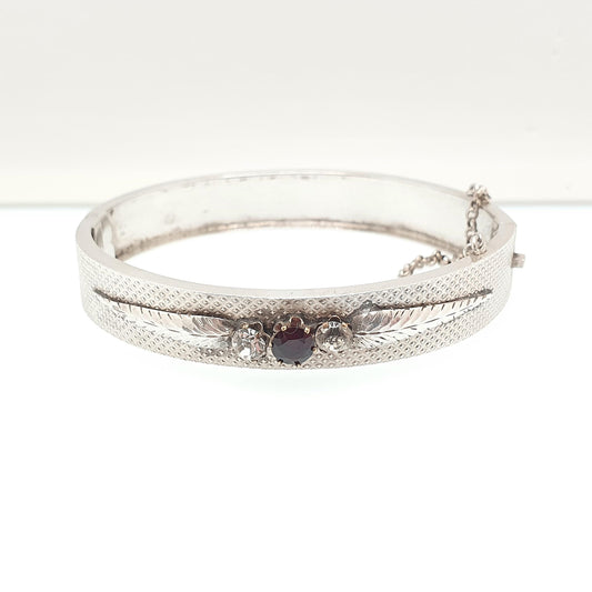 Antique Victorian Solid Silver Garnet & Paste Snap Bangle Bracelet Dimpled Effect 800 Stamp 14.46g Vintage Womens Jewelry