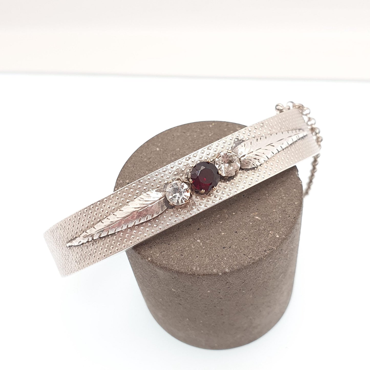 Antique Victorian Solid Silver Garnet & Paste Snap Bangle Bracelet Dimpled Effect 800 Stamp 14.46g Vintage Womens Jewelry