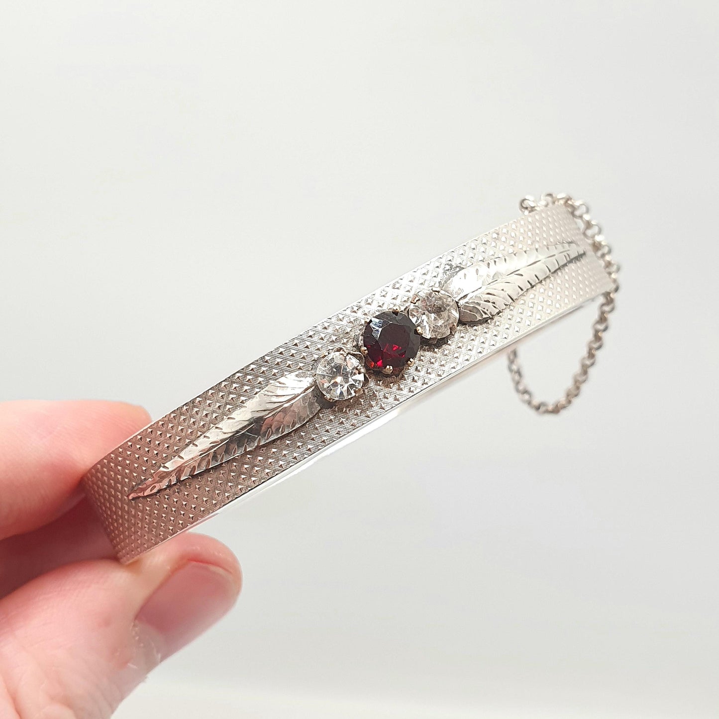 Antique Victorian Solid Silver Garnet & Paste Snap Bangle Bracelet Dimpled Effect 800 Stamp 14.46g Vintage Womens Jewelry