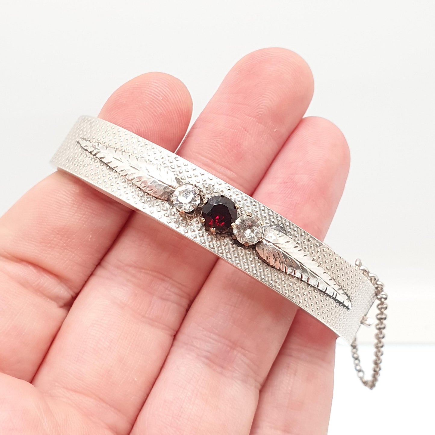Antique Victorian Solid Silver Garnet & Paste Snap Bangle Bracelet Dimpled Effect 800 Stamp 14.46g Vintage Womens Jewelry