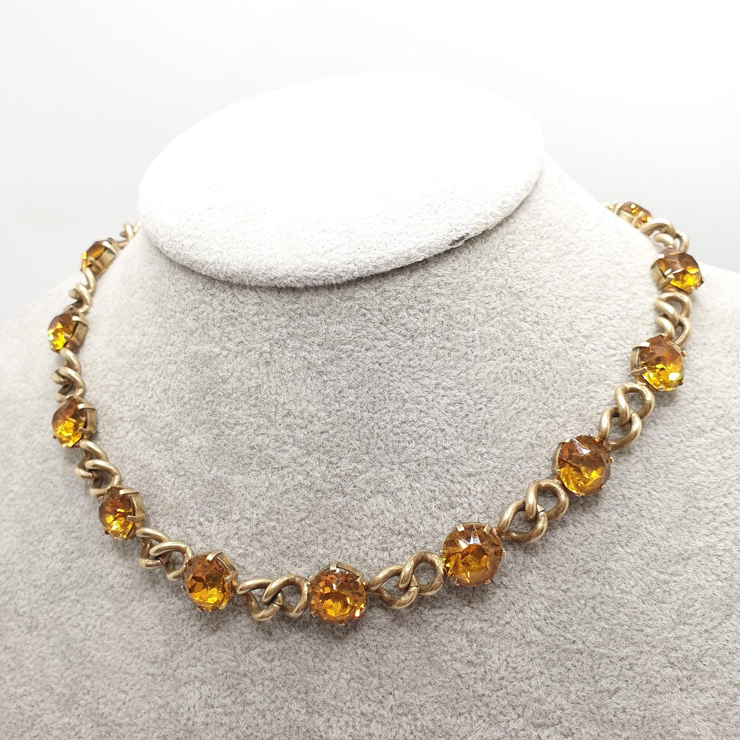 Antique Victorian Citrine Paste Curb Link Chain Necklace Gold Gilt Base Metal Large Pastes Round Cut Womens Vintage Jewelry Jewellery