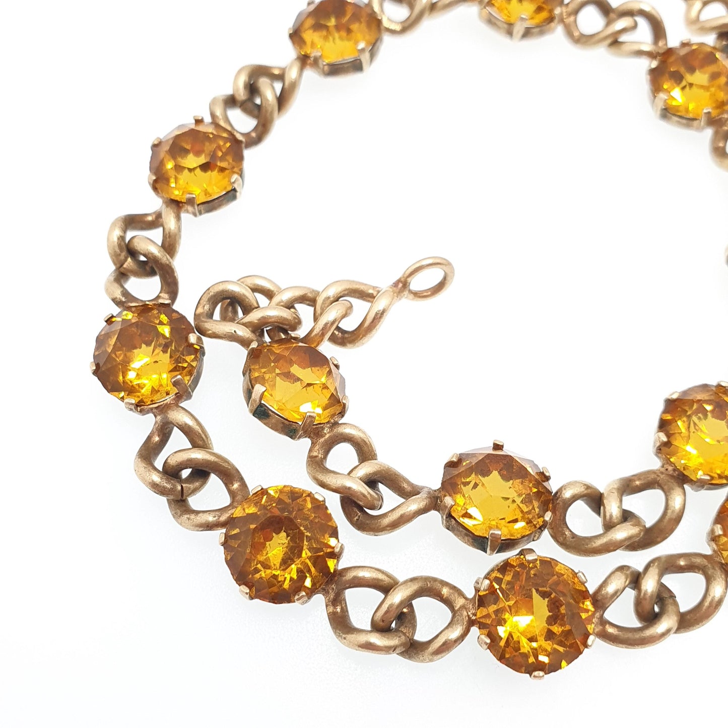 Antique Victorian Citrine Paste Curb Link Chain Necklace Gold Gilt Base Metal Large Pastes Round Cut Womens Vintage Jewelry Jewellery
