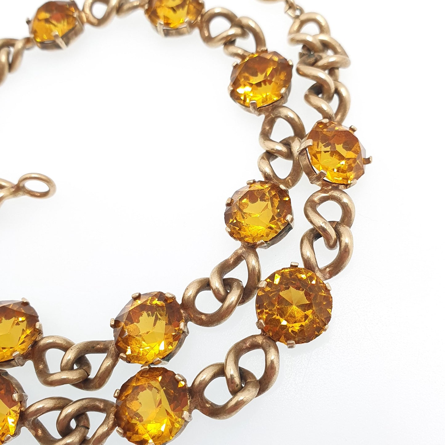 Antique Victorian Citrine Paste Curb Link Chain Necklace Gold Gilt Base Metal Large Pastes Round Cut Womens Vintage Jewelry Jewellery