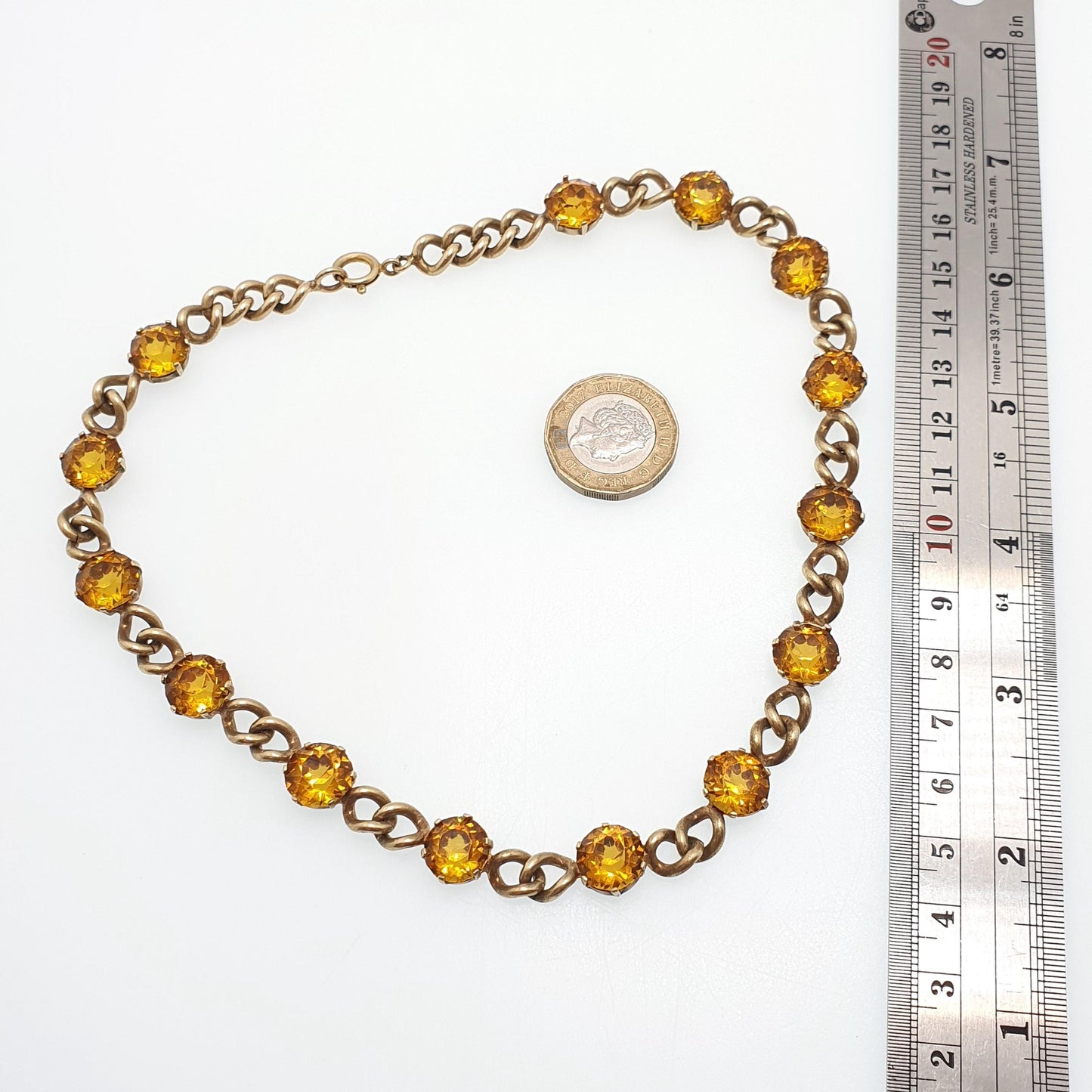 Antique Victorian Citrine Paste Curb Link Chain Necklace Gold Gilt Base Metal Large Pastes Round Cut Womens Vintage Jewelry Jewellery