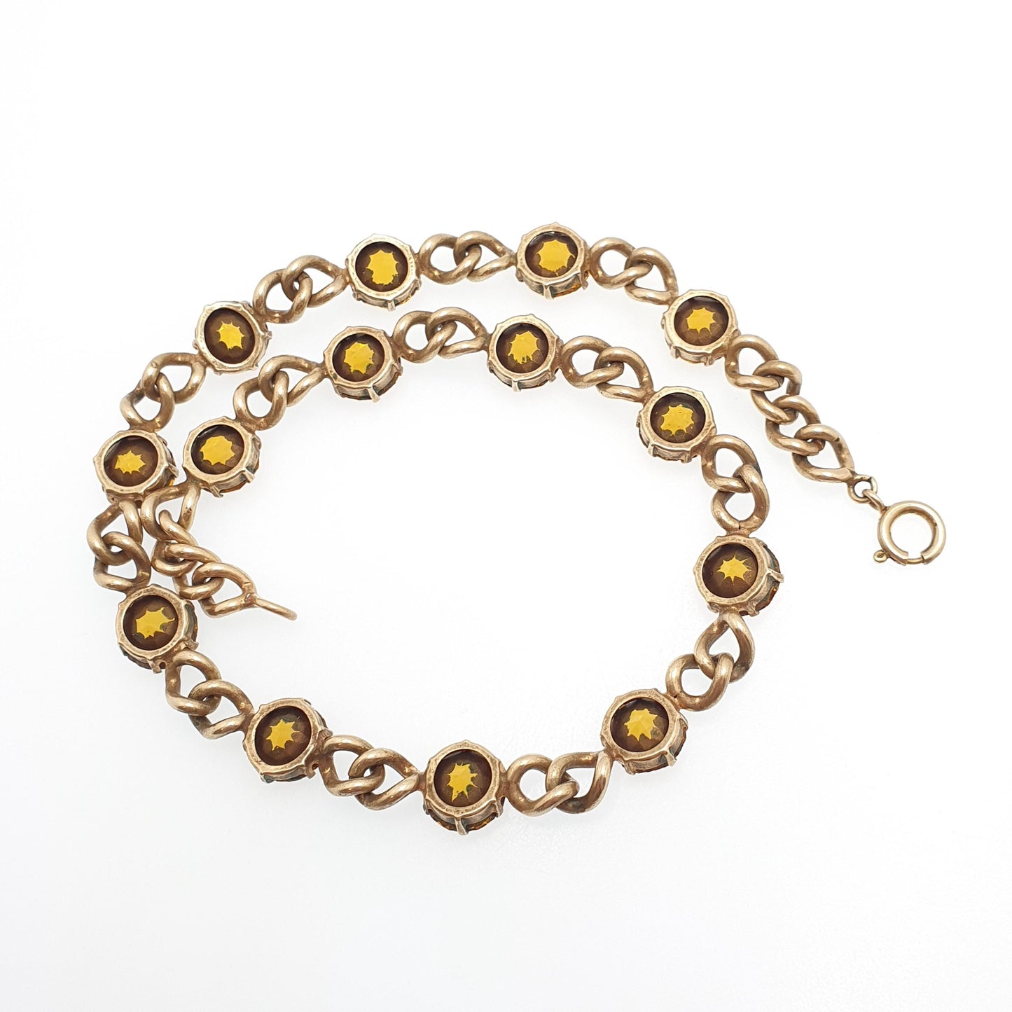 Antique Victorian Citrine Paste Curb Link Chain Necklace Gold Gilt Base Metal Large Pastes Round Cut Womens Vintage Jewelry Jewellery
