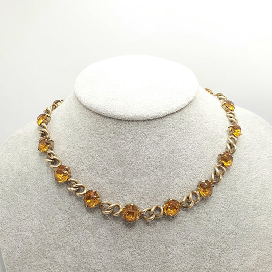 Antique Victorian Citrine Paste Curb Link Chain Necklace Gold Gilt Base Metal Large Pastes Round Cut Womens Vintage Jewelry Jewellery