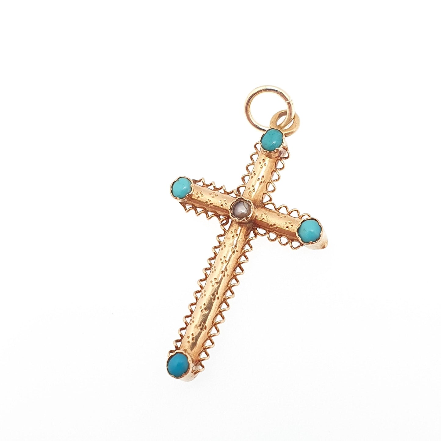 Antique 18ct Gold Turquoise & Pearl Crucifix Pendant French Necklace Solid 18k 18kt Cross Vintage