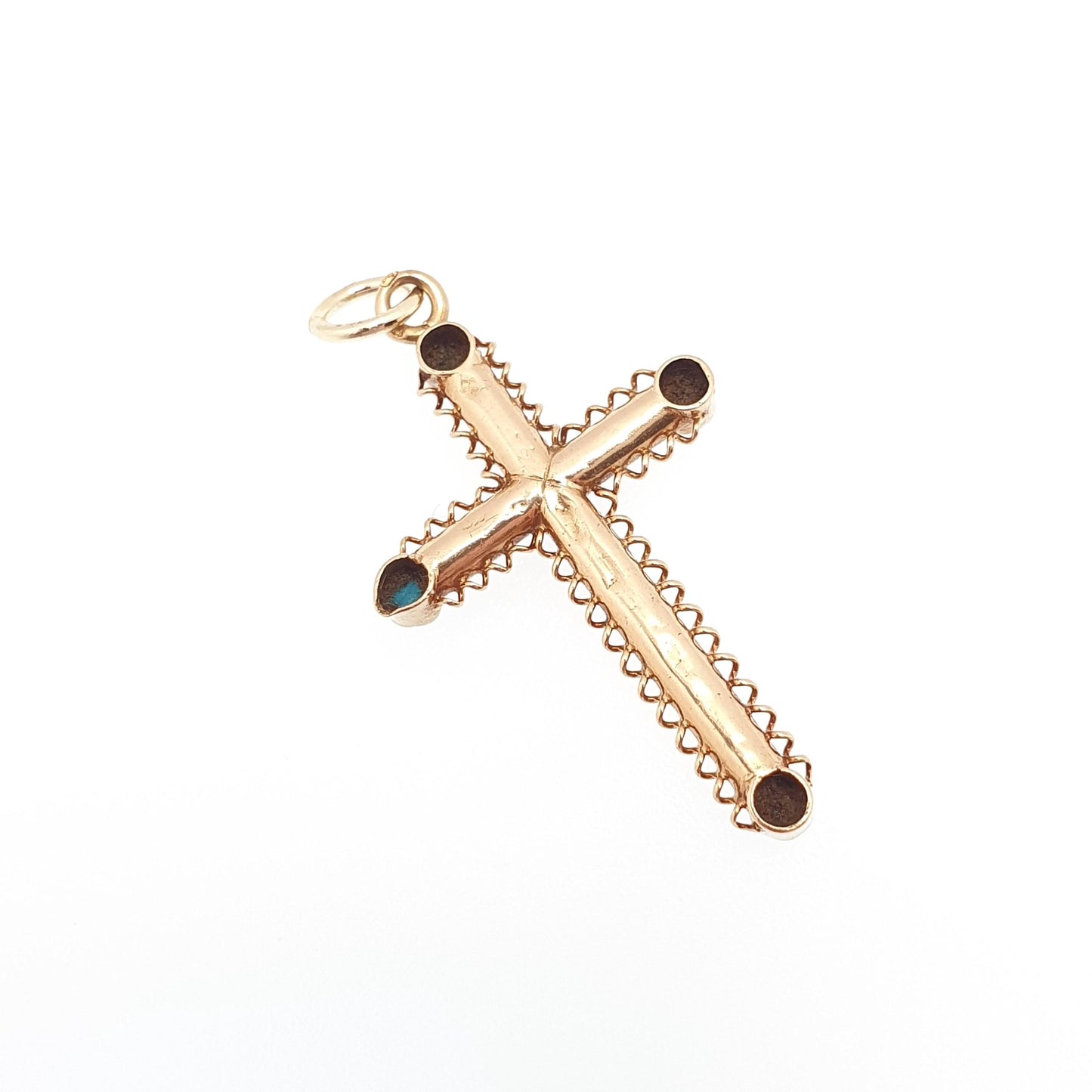 Antique 18ct Gold Turquoise & Pearl Crucifix Pendant French Necklace Solid 18k 18kt Cross Vintage