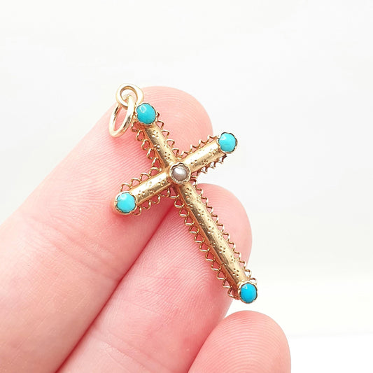 Antique 18ct Gold Turquoise & Pearl Crucifix Pendant French Necklace Solid 18k 18kt Cross Vintage