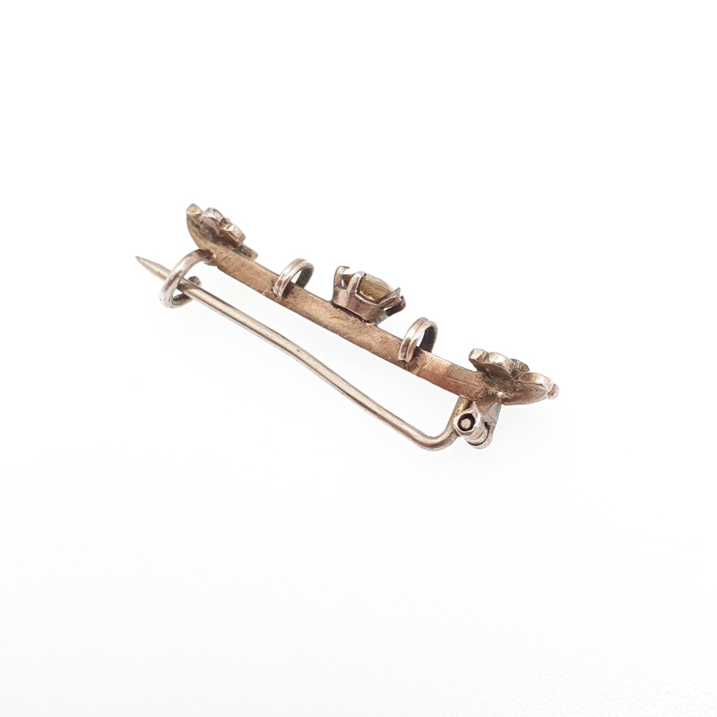 Antique Gold On Solid Silver Citrine Brooch Clover Seed Pearl Gemstone Scandinavian Pin Vintage