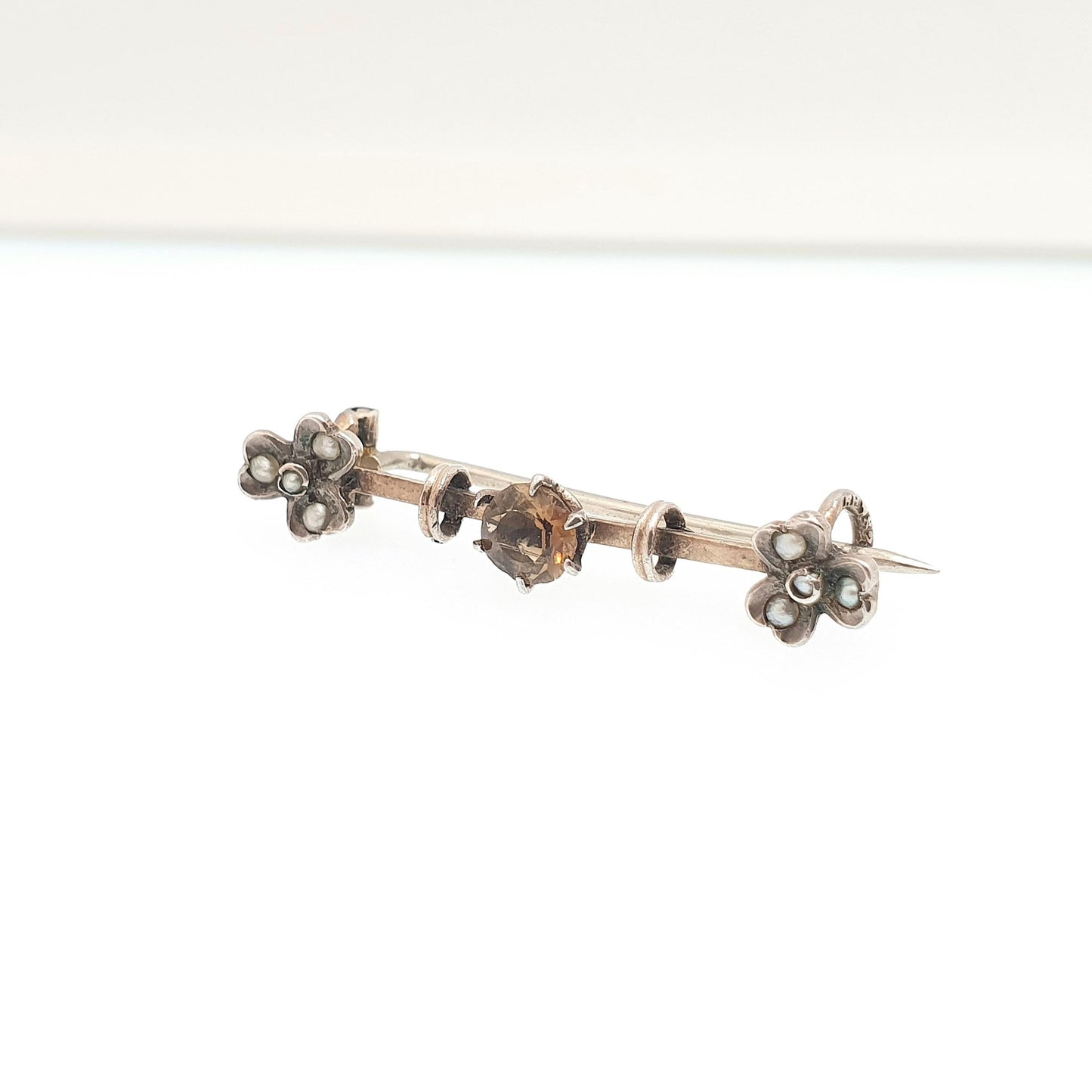 Antique Gold On Solid Silver Citrine Brooch Clover Seed Pearl Gemstone Scandinavian Pin Vintage