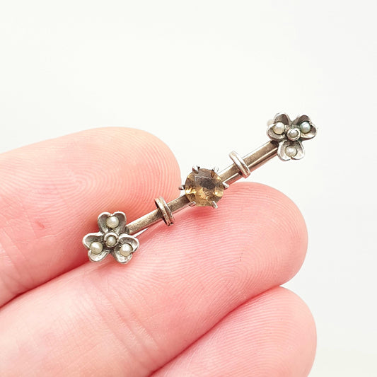 Antique Gold On Solid Silver Citrine Brooch Clover Seed Pearl Gemstone Scandinavian Pin Vintage