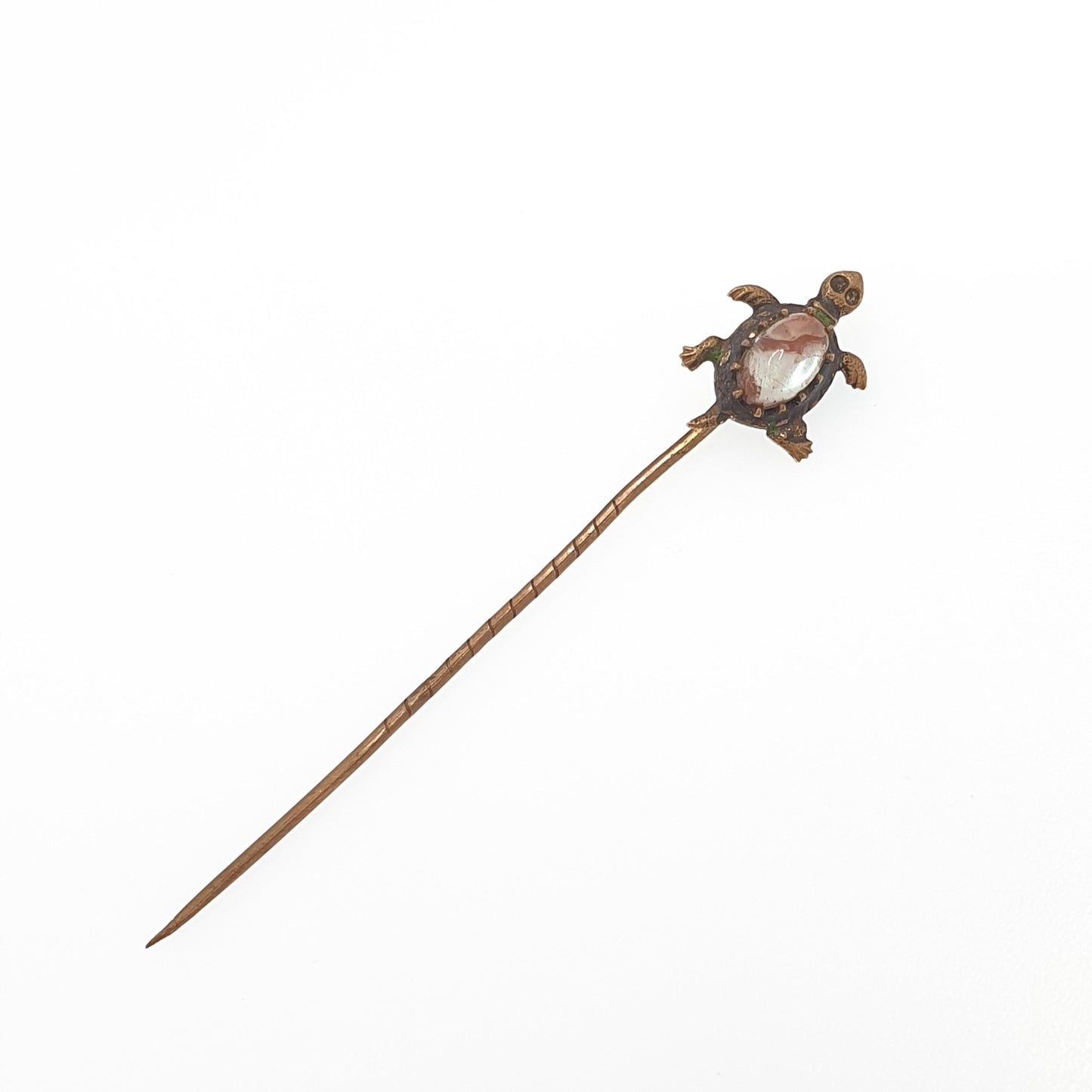 Antique Saphiret Turtle Stick Pin Victorian Tortoise Gold Tone Blue Red Rare Animal Lapel Vintage
