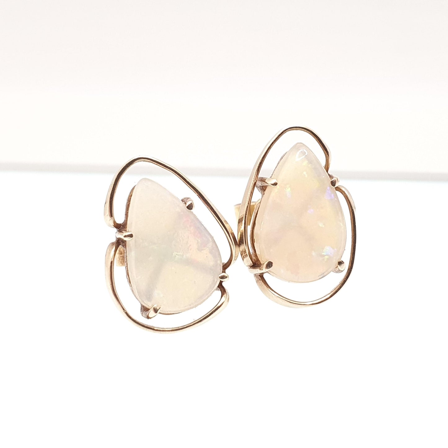 Vintage 9ct Gold Opal Earrings Large Stud Pear Cut Solid 9k 9kt Retro Womens Jewelry Jewellery