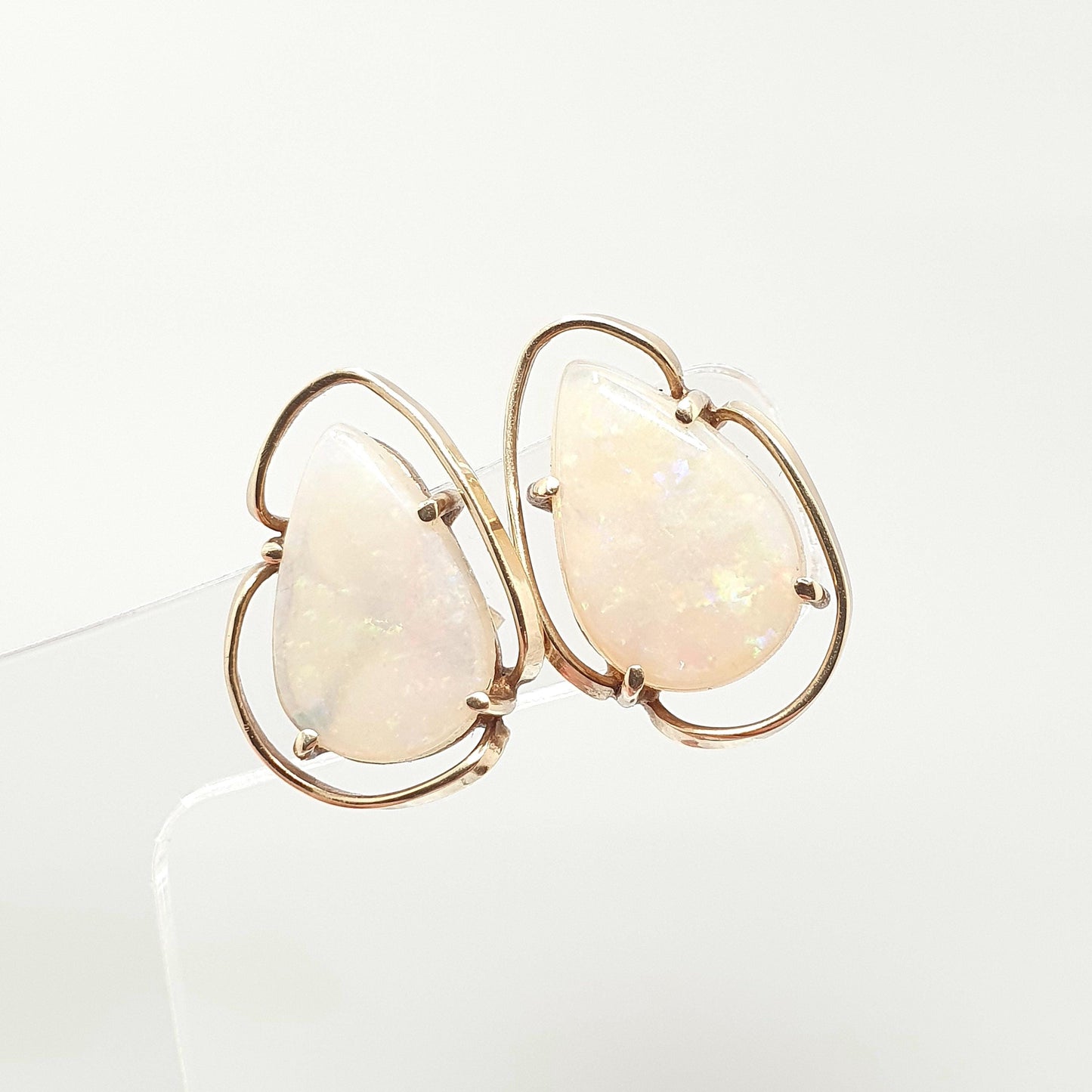Vintage 9ct Gold Opal Earrings Large Stud Pear Cut Solid 9k 9kt Retro Womens Jewelry Jewellery