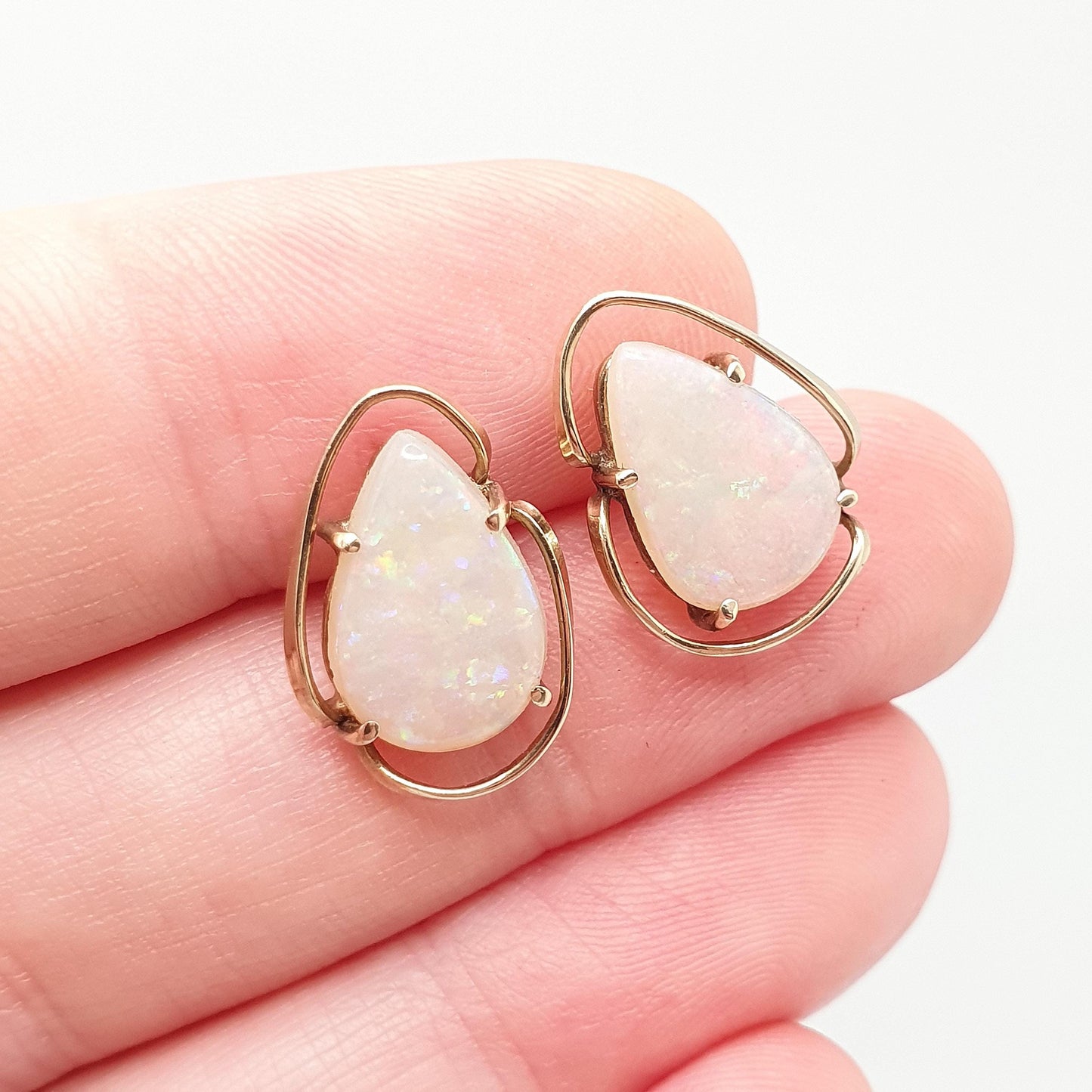 Vintage 9ct Gold Opal Earrings Large Stud Pear Cut Solid 9k 9kt Retro Womens Jewelry Jewellery
