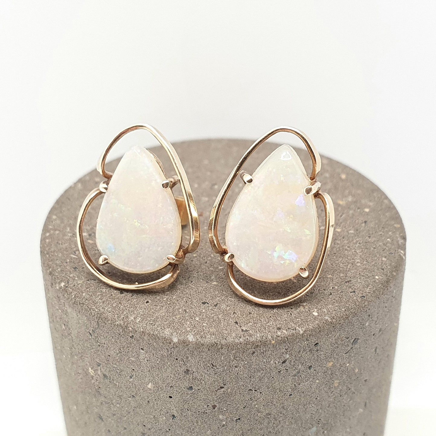 Vintage 9ct Gold Opal Earrings Large Stud Pear Cut Solid 9k 9kt Retro Womens Jewelry Jewellery