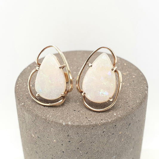 Vintage 9ct Gold Opal Earrings Large Stud Pear Cut Solid 9k 9kt Retro Womens Jewelry Jewellery