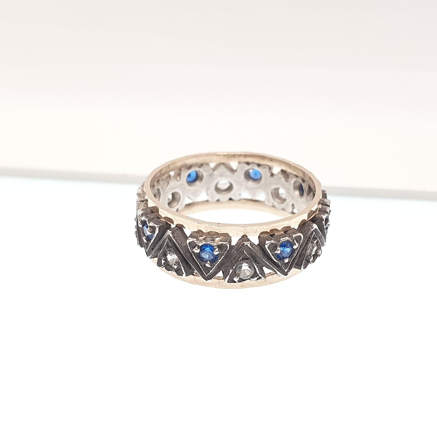 Antique Art Deco 9ct Gold & Sterling Silver Eternity Ring Blue White Spinel Triangle Vintage