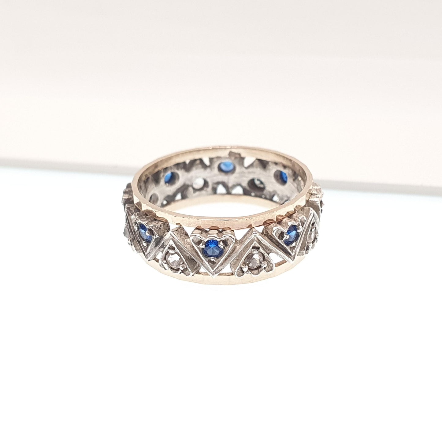 Antique Art Deco 9ct Gold & Sterling Silver Eternity Ring Blue White Spinel Triangle Vintage