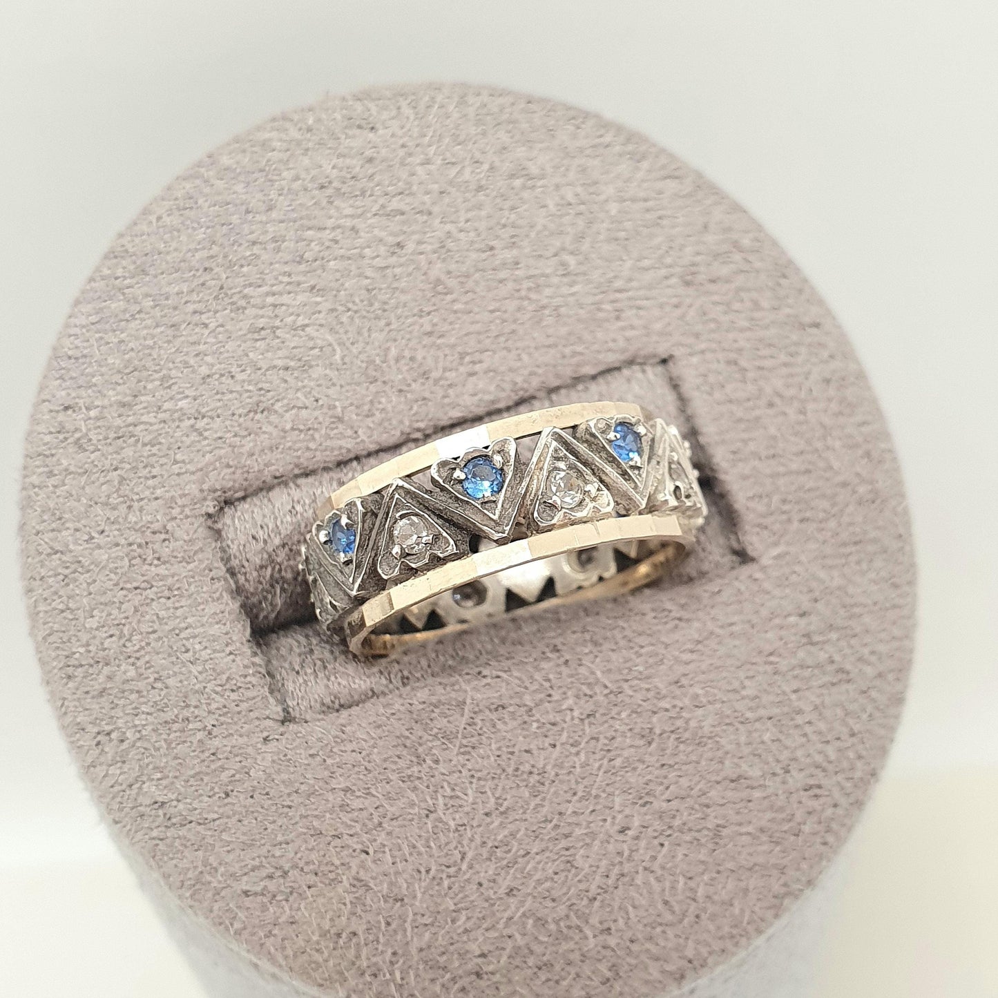 Antique Art Deco 9ct Gold & Sterling Silver Eternity Ring Blue White Spinel Triangle Vintage