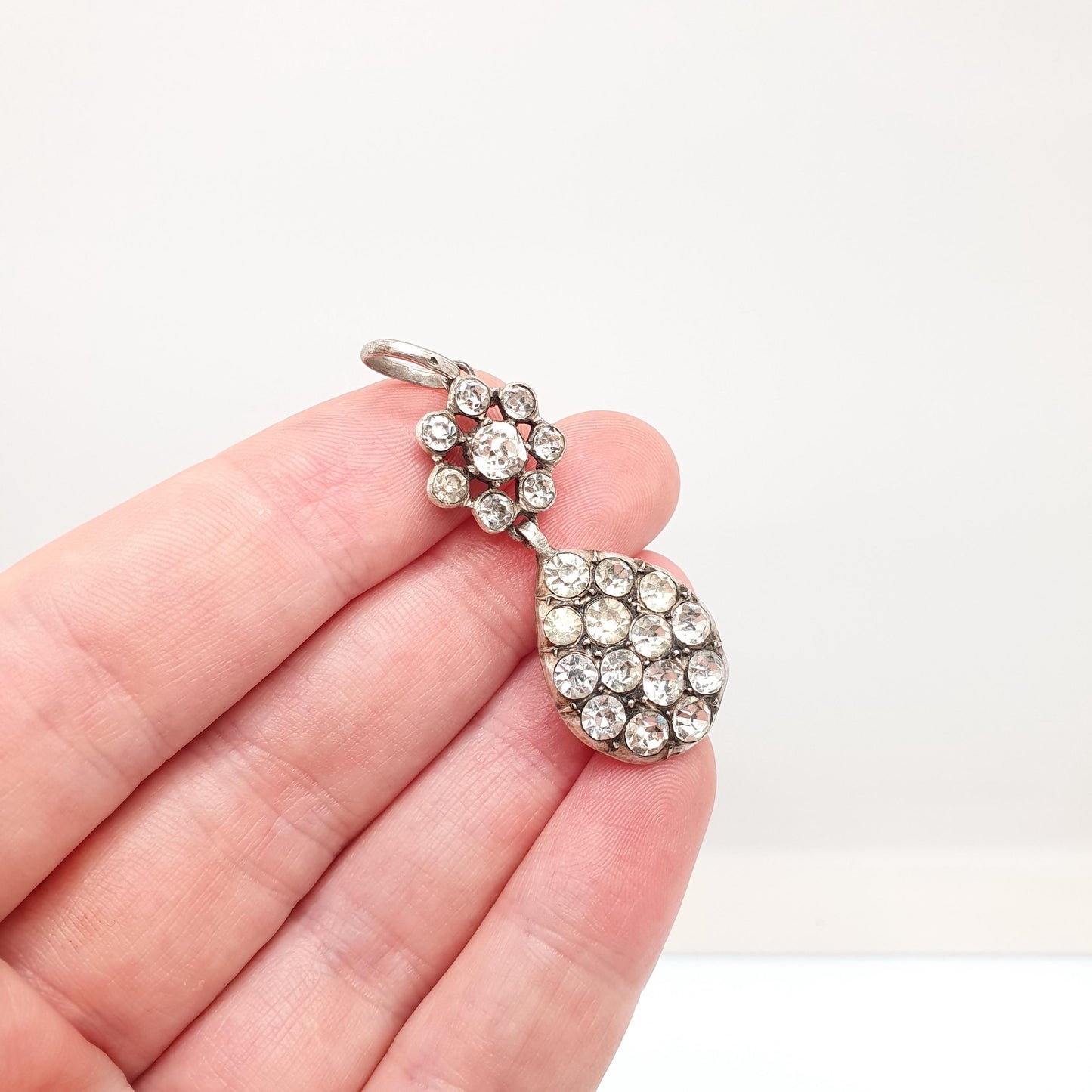 Antique Victorian Solid Silver Diamond Paste Necklace Pendant Cluster Pear Shape French Old Cut Sparkly Foiled Womens Jewelry