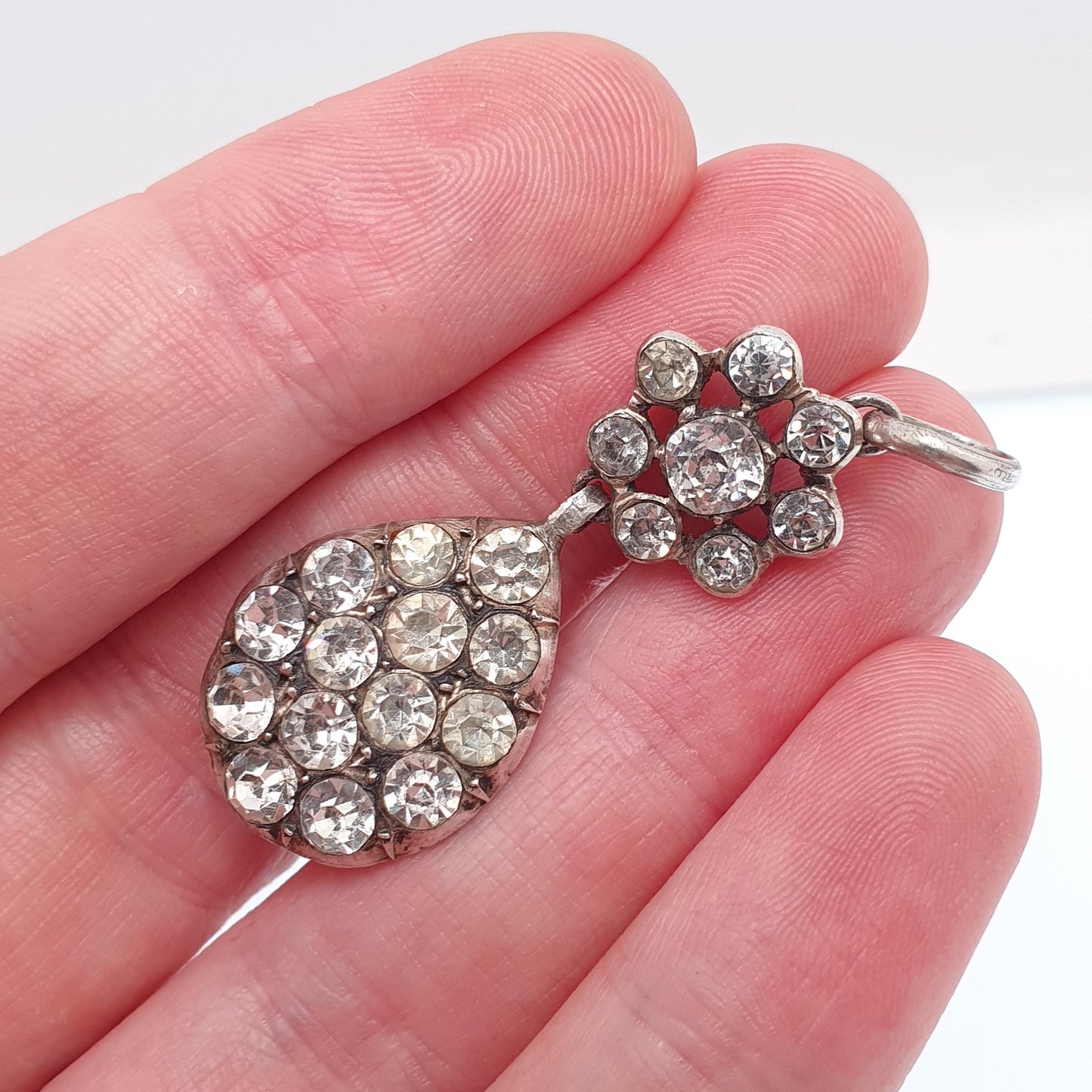 Antique Victorian Solid Silver Diamond Paste Necklace Pendant Cluster Pear Shape French Old Cut Sparkly Foiled Womens Jewelry