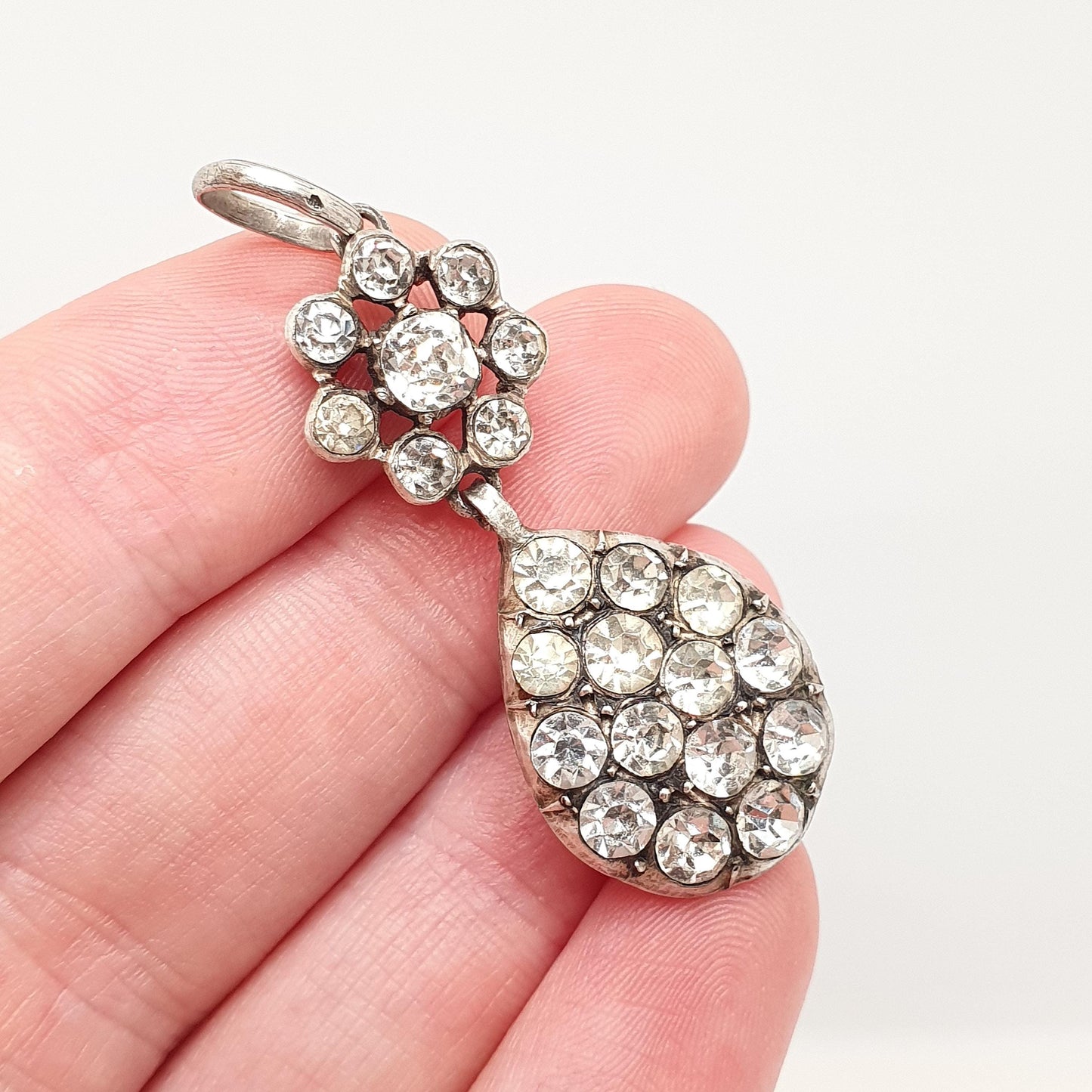 Antique Victorian Solid Silver Diamond Paste Necklace Pendant Cluster Pear Shape French Old Cut Sparkly Foiled Womens Jewelry