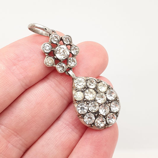 Antique Victorian Solid Silver Diamond Paste Necklace Pendant Cluster Pear Shape French Old Cut Sparkly Foiled Womens Jewelry